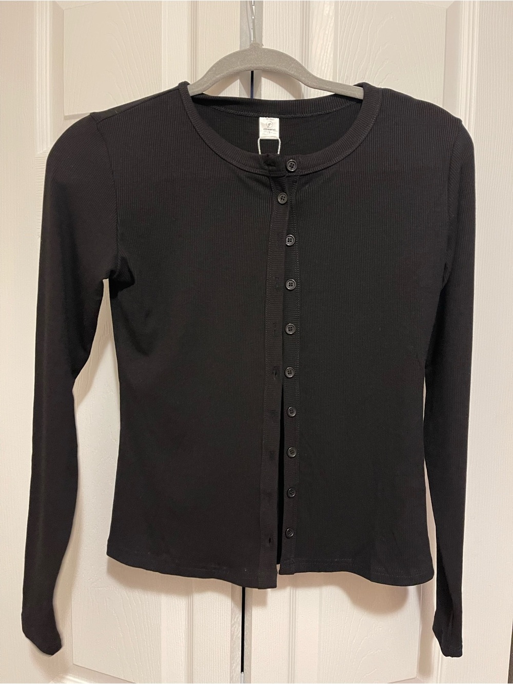 Black Ribbed Button-Front Long Sleeve Top - Unbranded